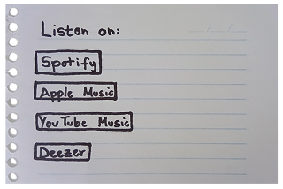 Interactive image: the streaming platforms names are written on piece of paper removed from a notebook. Select one to listen to the single.
