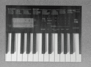 Dithered photo of a musical keyboard.